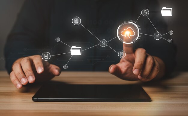 businessman working on virtual screen of document management system dms software for archiving
