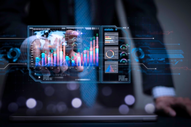 Businessman working with business analytics and data anagement system on computer online total proce
