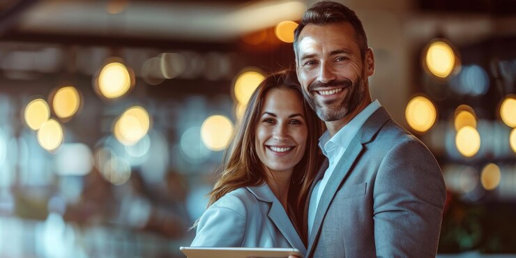 Businesswoman and man with a smile while standing Generative Ai