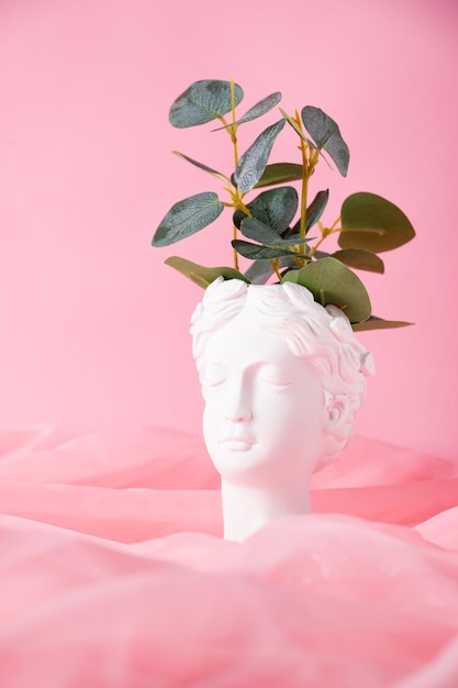 bust of a greek goddess on a pastel pink background minimal flat still life