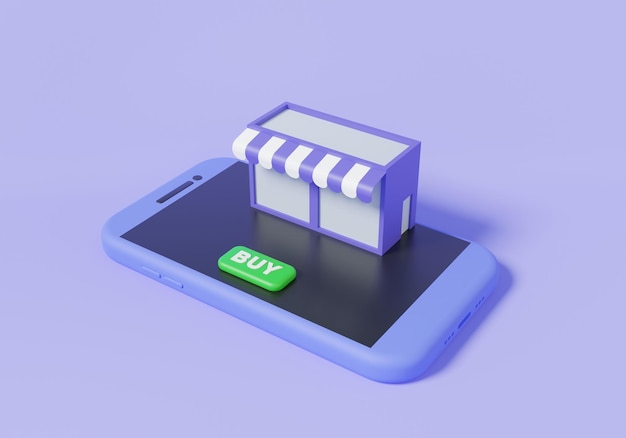 buy shop store online on mobile phone discount promotion sale advertising isometric banner customer minimal cartoon style on purple pastel background 3d render illustration