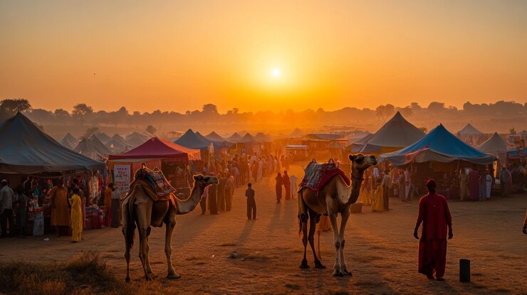 Camel Market at Sunrise in India