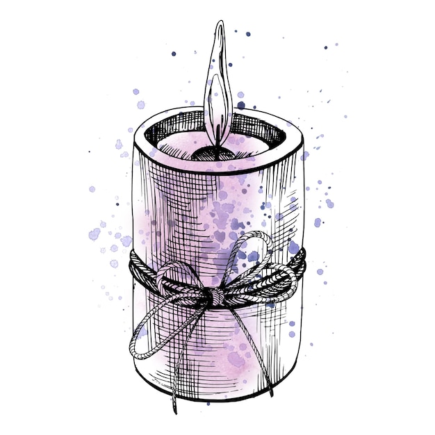 candle with flame and jute rope bow hand drawn illustration graphic with lilac watercolor stains and splashes isolated composition on white background
