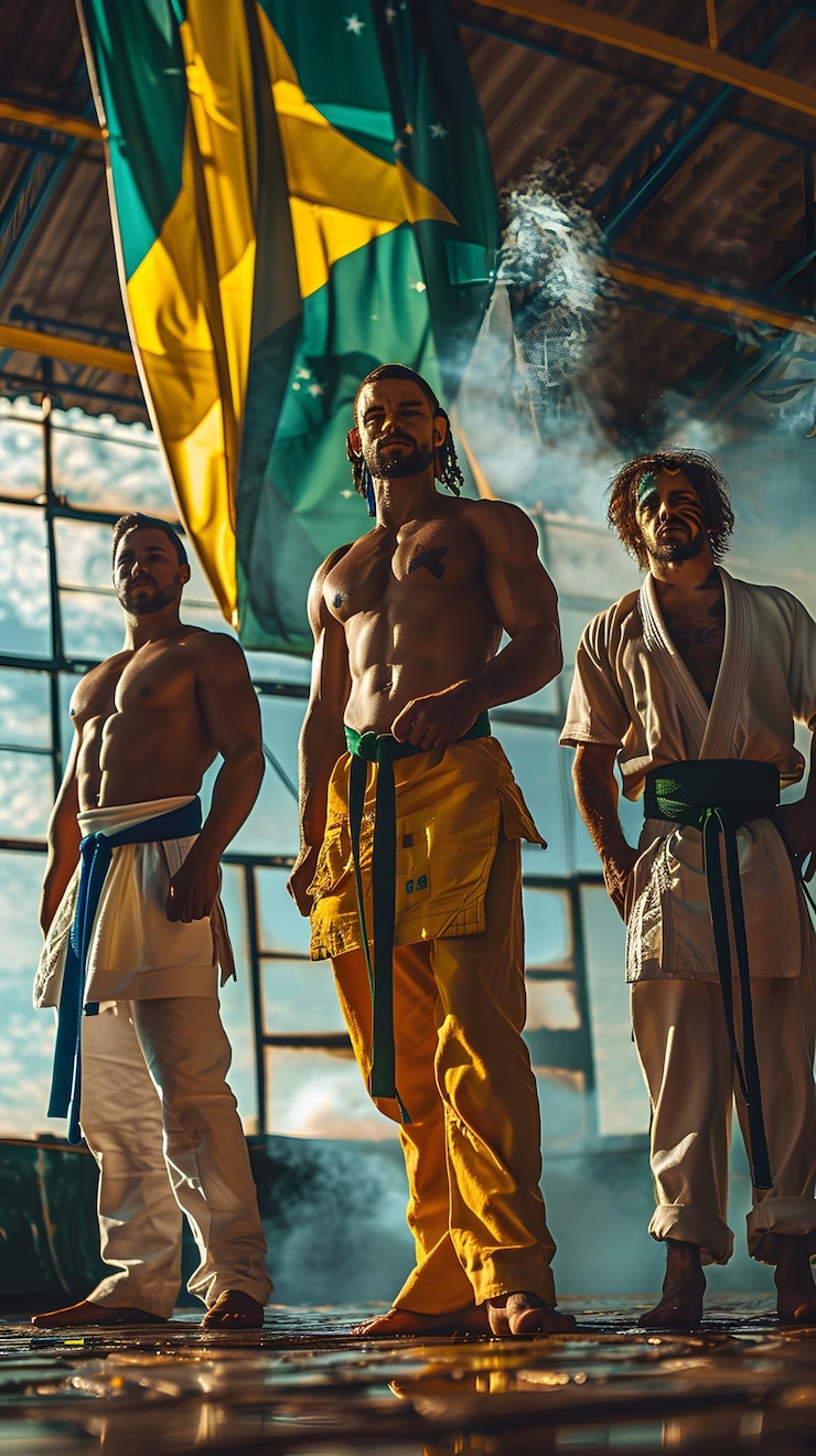 Fotografie capoeira fighters with brazilian flag photo realistic concept illustrating martial arts heritage a