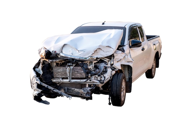 Car crash Front and Side view of white pickup car get hard damaged by accident on the road damaged cars after collision isolated on white background with clipping path