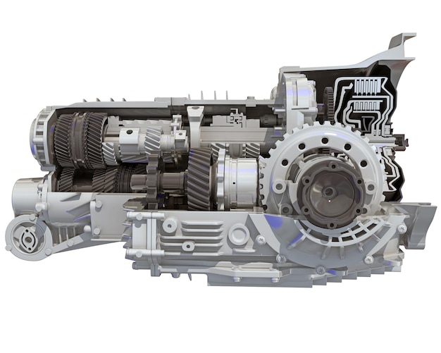 Car Transmission Cutaway 3D rendering on white background