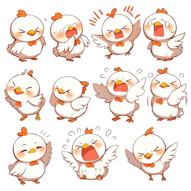 cartoon chicken character set with various expressions and expressions