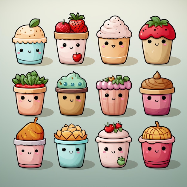 cartoon cupcakes with faces and different toppings are arranged in a row generative ai