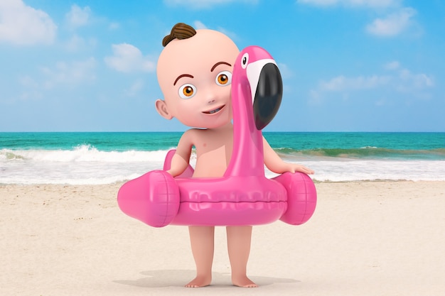 cartoon cute baby boy with summer swimming pool inflantable rubber pink flamingo toy on an ocean or sea sand beach background. 3d rendering