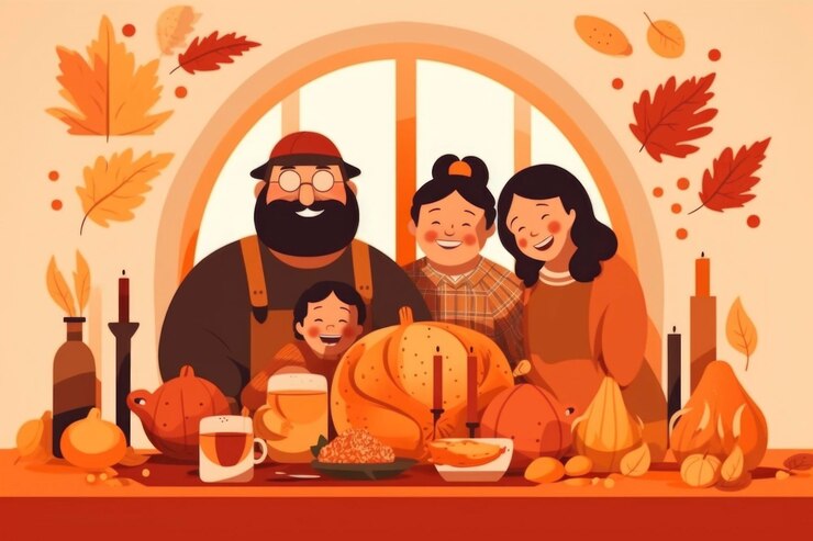 Fotografie cartoon illustration of family celebrate in thanksgiving