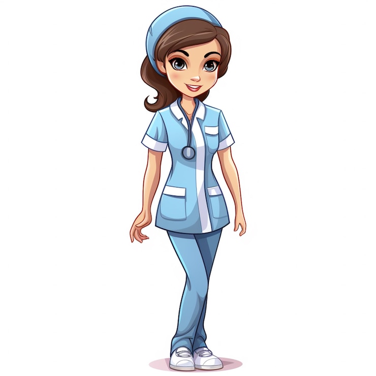 Fotografie cartoon nurse in blue uniform standing with her hands on her hip generative ai