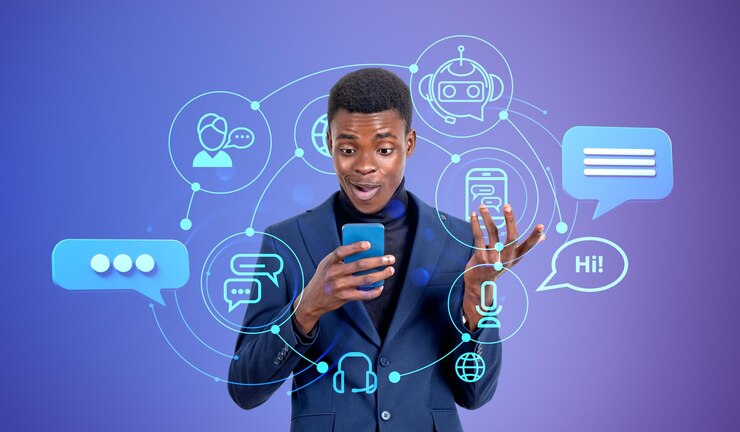 Černý podnikatel se smartphonem používá online komunikaci Chatbot