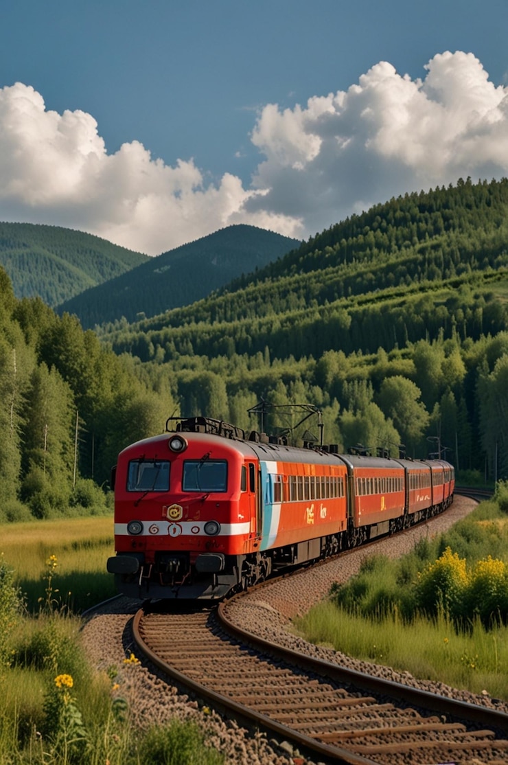 Fotografie červený a žlutý vlak jede po kolejích