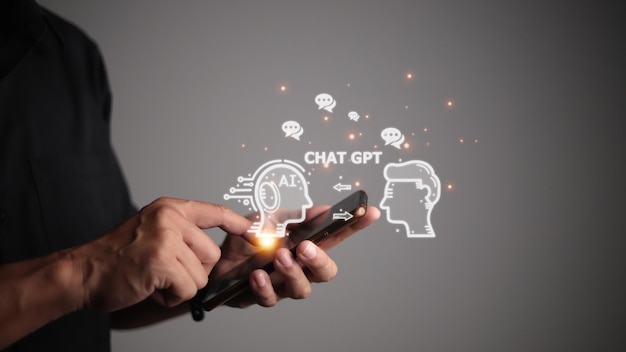 ChatGPT Chat with AI or Artificial Intelligence man chatting with a smart AI or artificial intelligence using an artificial intelligence chatbot developed by OpenAI
