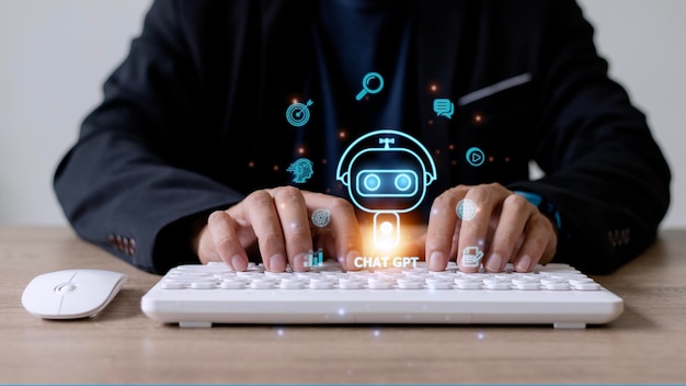 ChatGPT Chat with AI or Artificial Intelligence woman chatting with a smart AI or artificial intelligence using an artificial intelligence chatbot developed by OpenAI