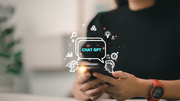 ChatGPT Chat with AI or Artificial Intelligence woman chatting with a smart AI or artificial intelligence using an artificial intelligence chatbot developed by OpenAI