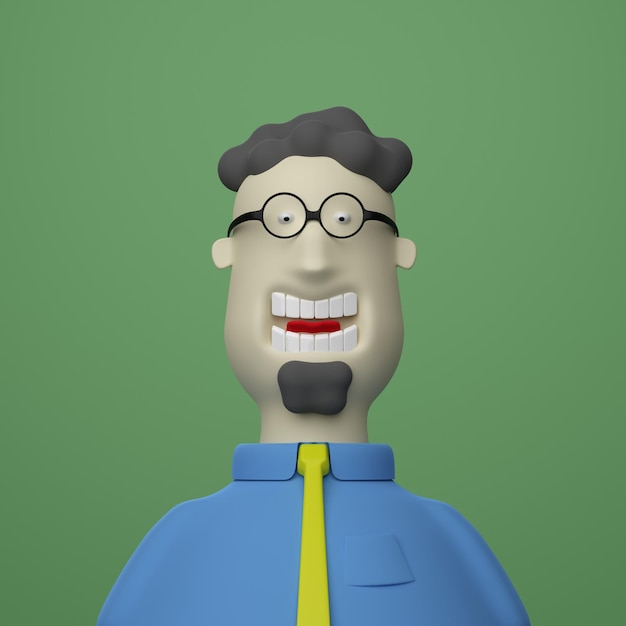 cheerful man bluecollar office worker in blue shirt yellow tie wearing glasses curly hair
