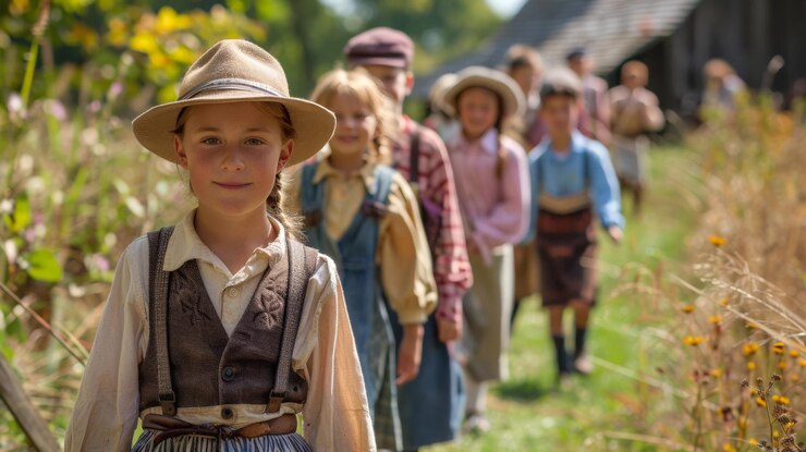 Fotografie children on a school field trip dressed in pioneer clothing at a historical village