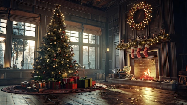 Christmas tree fireplace interior holiday