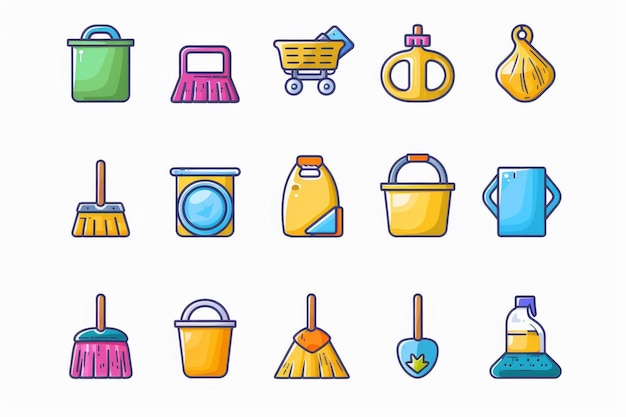 Cleaning set icons broom sponge dishes and more editable household cleanup themes