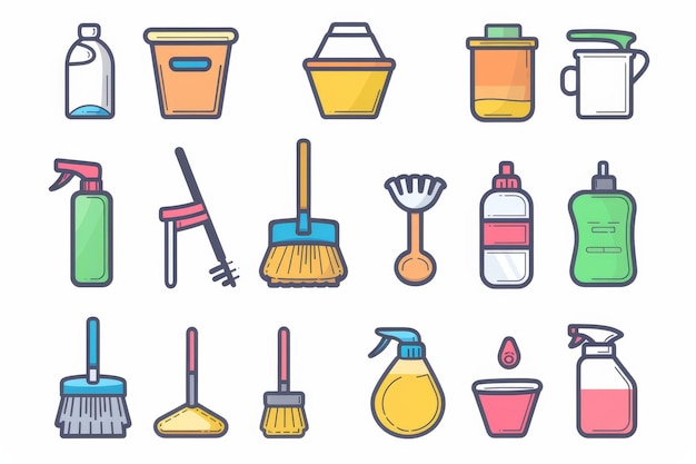 Cleaning supplies icon set broom sponge dishwashing gloves mop trash bags and more