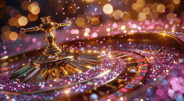close up of a golden roulette wheel with glitter