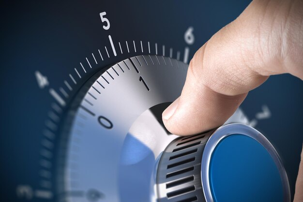 close up of a safe lock on a vault with blur effect and focus on the number one, blue tones. conceptual image suitable for data security mangement and protection.