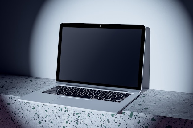 Close up of blank computer monitor in spotlight Mock up place and advertisement concept 3D Rendering