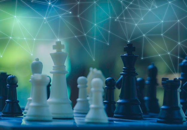 Close-up of chess pieces on table