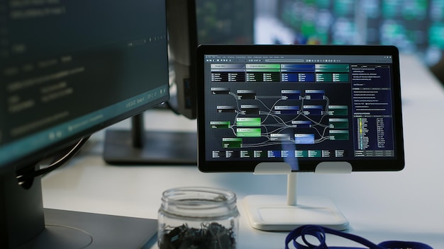 Close up of coding software on tablet in server room