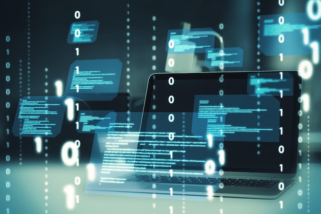 Close up of desktop with laptop computer and abstract coding binary code hologram on blurry background Artificial intelligence and development concept Double exposure