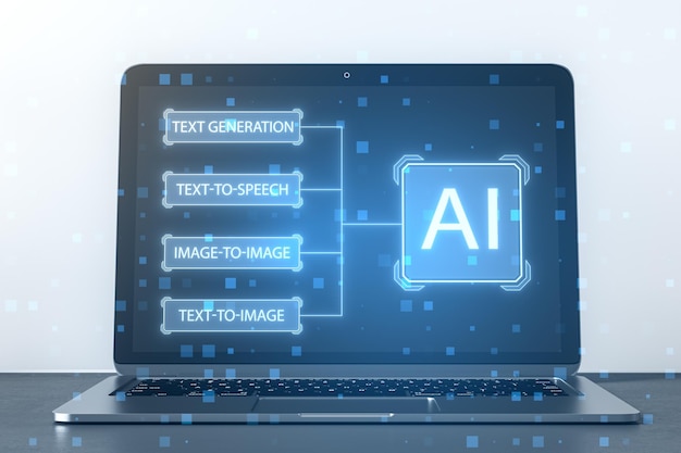 Close up of laptop computer with creative AI interface on blurry light background Artificial intelligence innovation and robotics concept 3D Rendering
