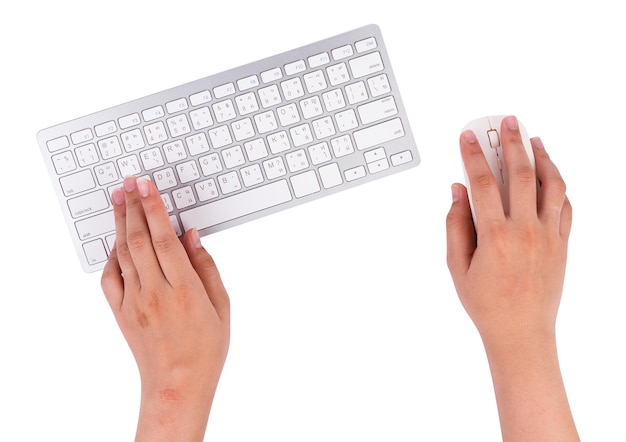 Close-up of woman using computer against white background