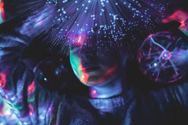 close-up of woman with illuminated fiber optic in nightclub