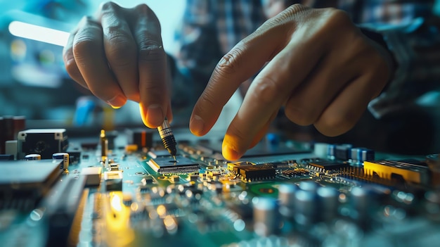 closeup of hands working on a circuit board showing intricate details of electronic components and repairs in a workshop environment