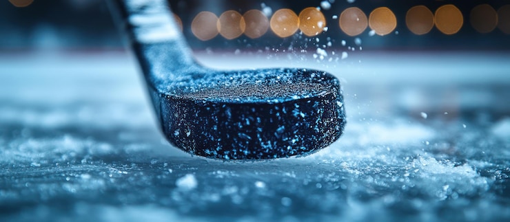 Fotografie closeup of hockey stick hitting puck on ice