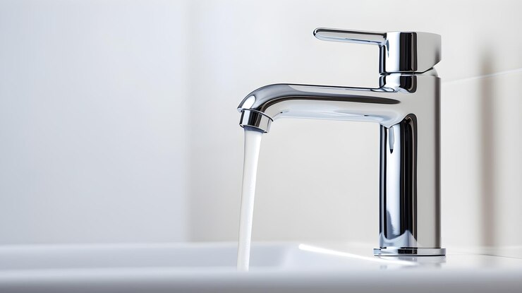 Closeup portrait of a water tap against white background background image AI generated