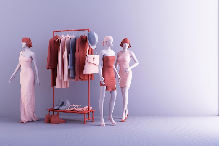 Fotografie clothes mannequins a hanger surrounding by bag and market prop with geometric shape on the floor in pink and blue color 3d rendering