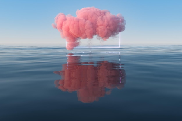cloud and geometric figure floating on the lake 3d rendering