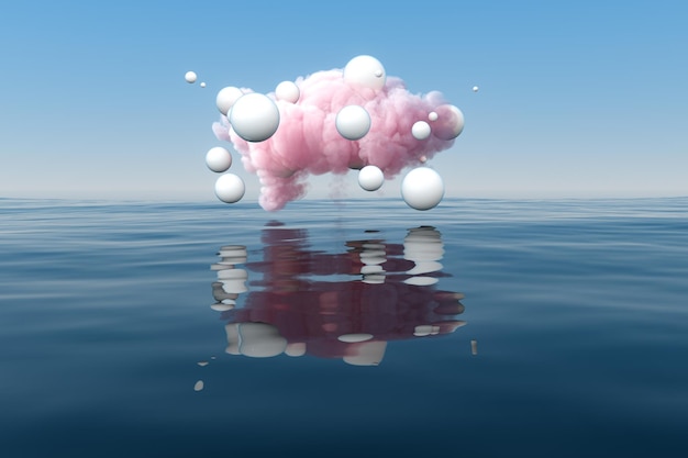 cloud and geometric figure floating on the lake 3d rendering