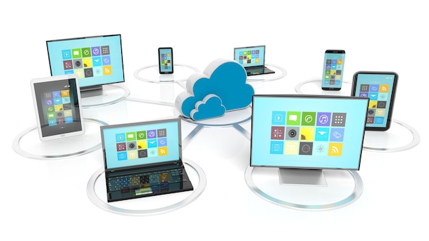 Cloud icon with communication devices around it isolated on white background