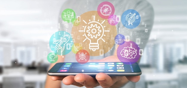 Cloud of colorfull start up icon bubble with data Businessman holding a binary 