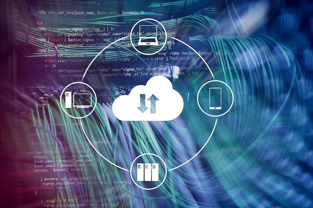 cloud server and computing data storage and processing internet and technology concept