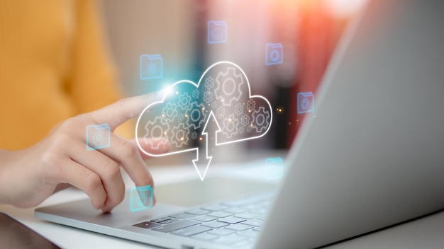 cloud technology concept women with cloud computing diagram shown on hand cloud technology data storage networking and internet service for telecommunications