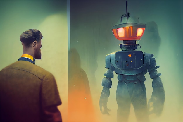 Člověk se dívá na robota, koncept vztahů mezi přirozenou a umělou inteligencí, neuronová síť