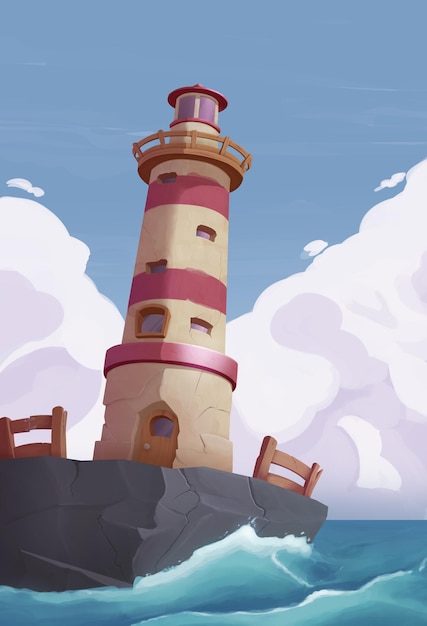 Coastal Lighthouse with a Blue Sky and Ocean