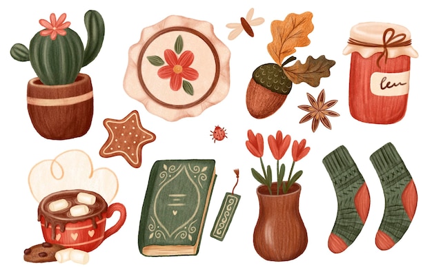 Cocoa jam cinnamon book socks Idea of coziness and comfortable lifestyle Hygge illustration