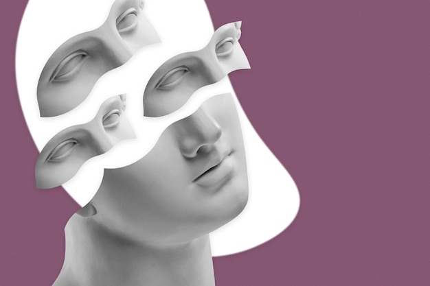 collage with human face of antique sculpture in dadaism style contemporary art poster with ancient