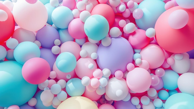colorful arrangement of pastel balloons in various sizes and shades of pink blue and purple