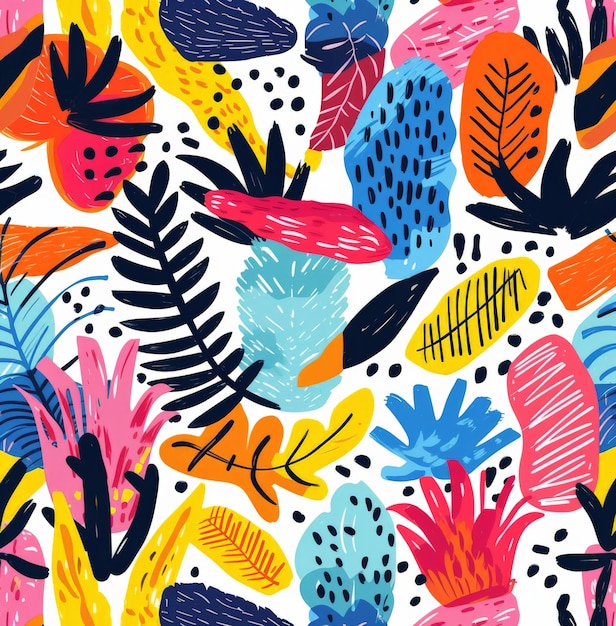 Colorful Tropical Plants and Leaves Seamless Pattern on White Background Illustration for Design and Decoration Usage